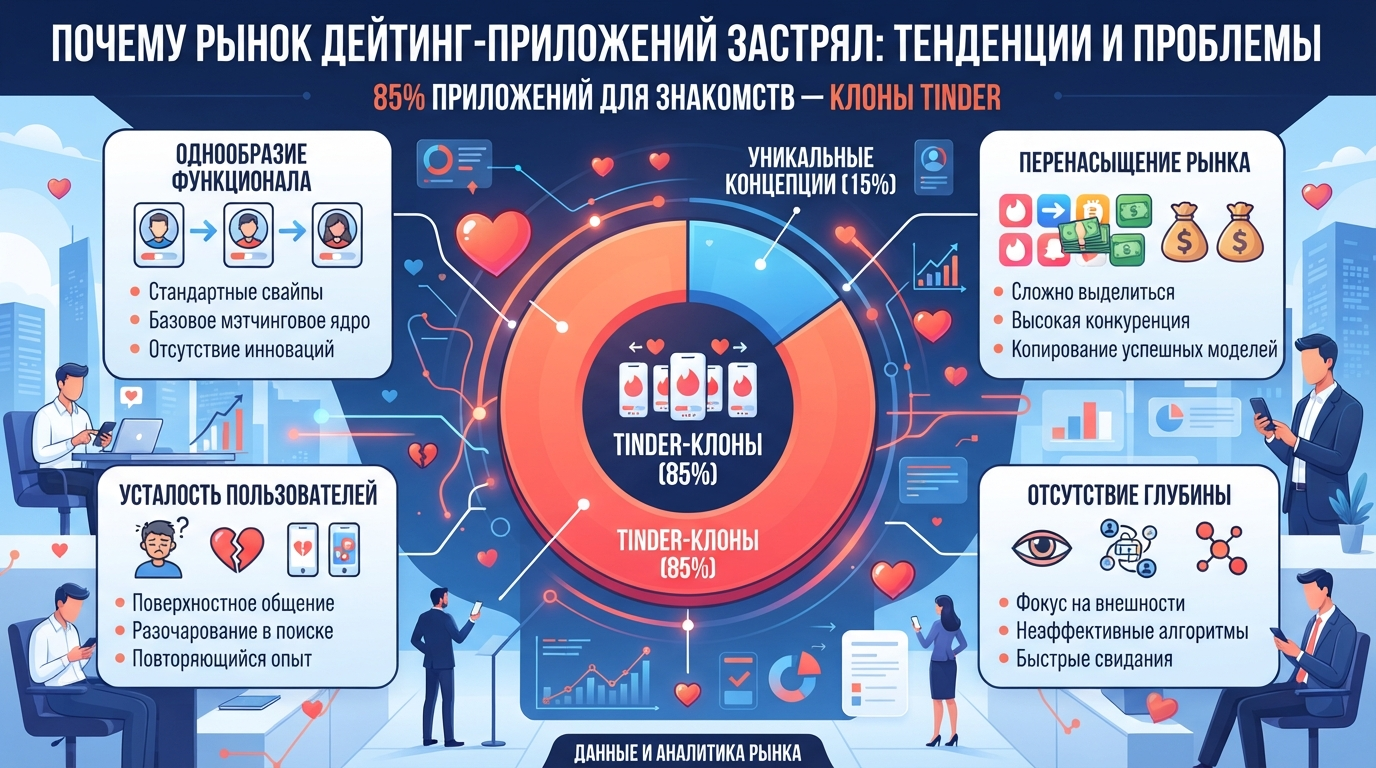85% приложений для знакомств — клоны Tinder. Почему рынок застрял?
